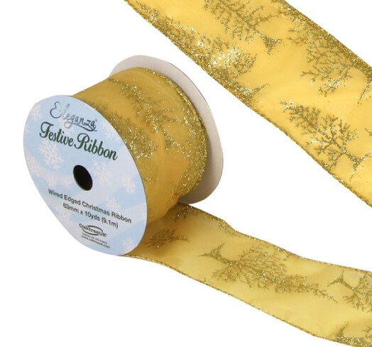 63mm Eleganza Satin Wired Edge Glitter Christmas Tree Ribbon - Gold