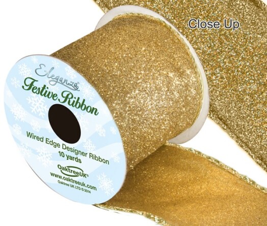 63mm Eleganza Satin Wired Edge Sparkly Glitter Ribbon - Gold