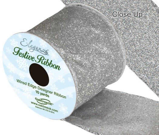 63mm Eleganza Satin Wired Edge Sparkly Glitter Ribbon - Silver