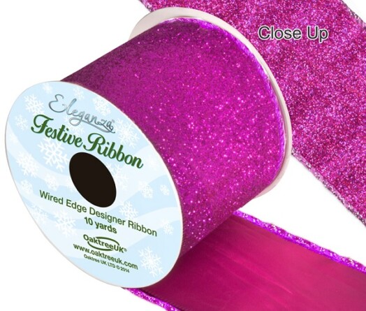 63mm Eleganza Satin Wired Edge Sparkly Glitter Ribbon - Fuchsia