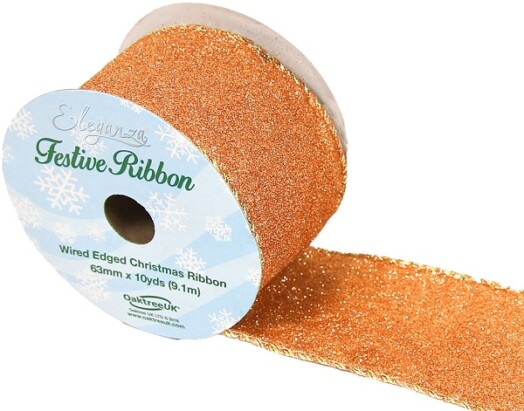 63mm Eleganza Satin Wired Edge Sparkly Glitter Ribbon - Rose Gold