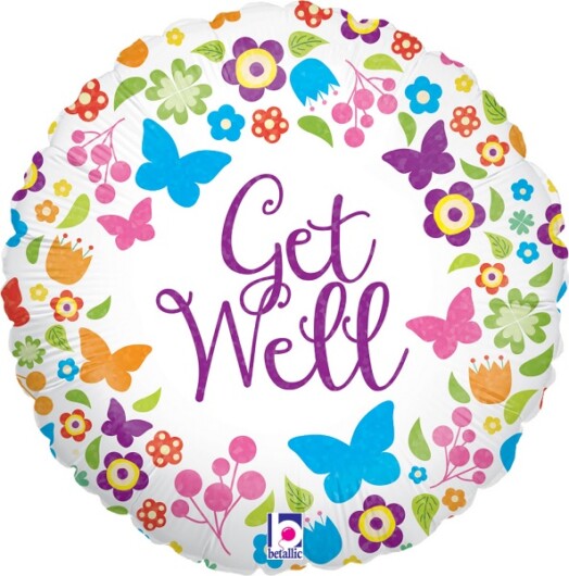 18 Inch Butterflies & Flowers Get Well Foil Balloon