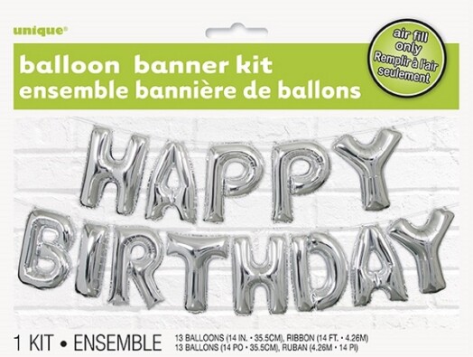 14 Inch Happy Birthday Letter Balloon Banner Kit - Silver