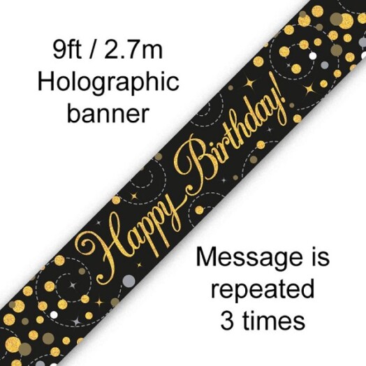 9ft Banner Sparkling Fizz Happy Birthday Black & Gold Holographic