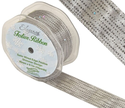 38mm Eleganza Satin Wired Edge Festive Shimmer Ribbon - Silver