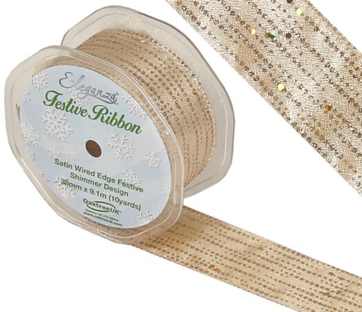 38mm Eleganza Satin Wired Edge Festive Shimmer Ribbon - Champagne Gold