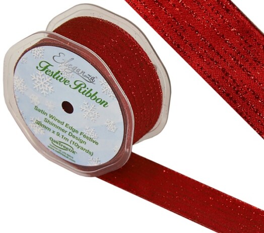 38mm Eleganza Satin Wired Edge Festive Shimmer Ribbon - Red