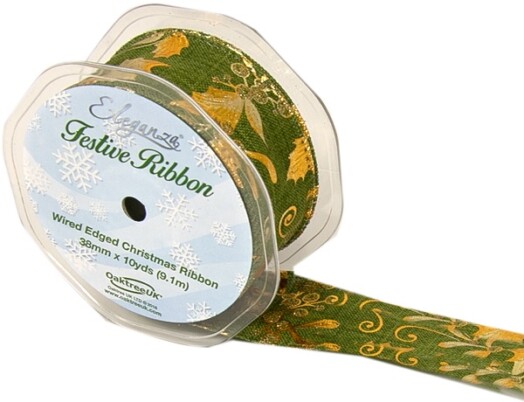 38mm Eleganza Gilded Holly Wired Edge Ribbon - Green/Gold