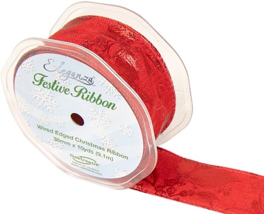 38mm Eleganza Gilded Holly Wired Edge Ribbon - Red