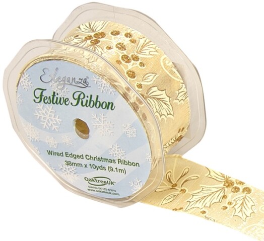 38mm Eleganza Satin Wired Edge Holly/Mistletoe Ribbon - Ivory/Gold