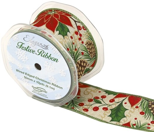 50mm Eleganza Wired Edge Ribbon Glitter Poinsetta