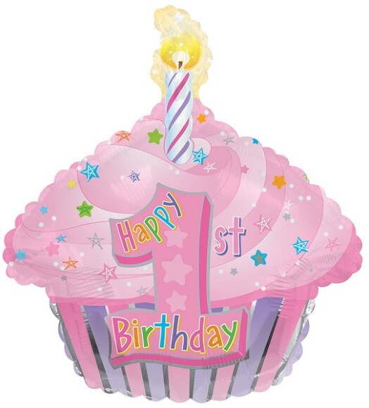 22" 1st Birthday Girl Cupcake Foil Balloon