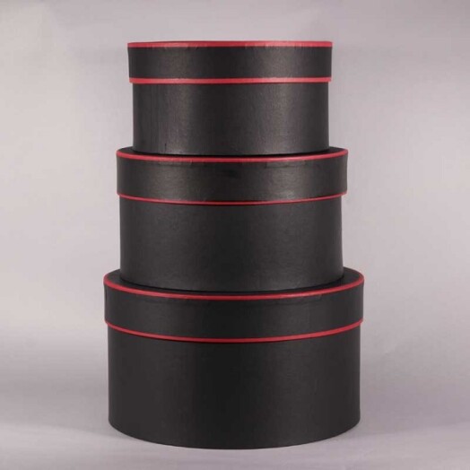 Set of 3 Round Hat Boxes - Black with Red Trim